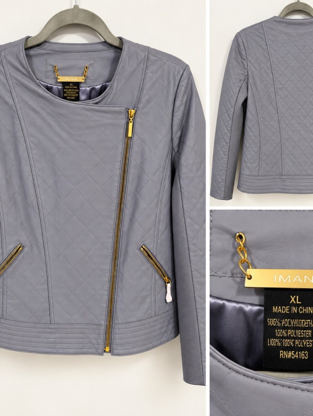 IMAN Lavender Quilted Asymmetric Zip Leather Jacket